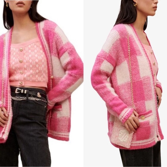 Maje My Square Checkered Jacquard Cardigan Mohair Knit Pink White Size 3 (L)